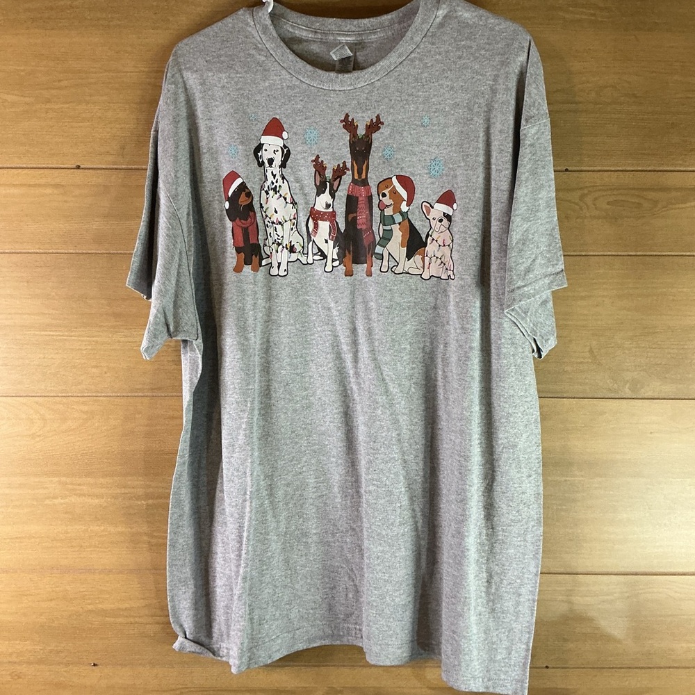 Gildan Women’s XL Holiday Christmas Gray Dog T-Shirt NWOT